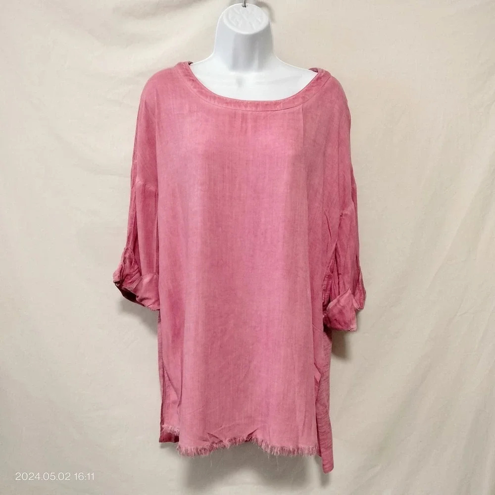 UMGEE SZ MEDIUM 3/4 SLEEVES Pink Washed Tunic Oversized Top Contrast Material
